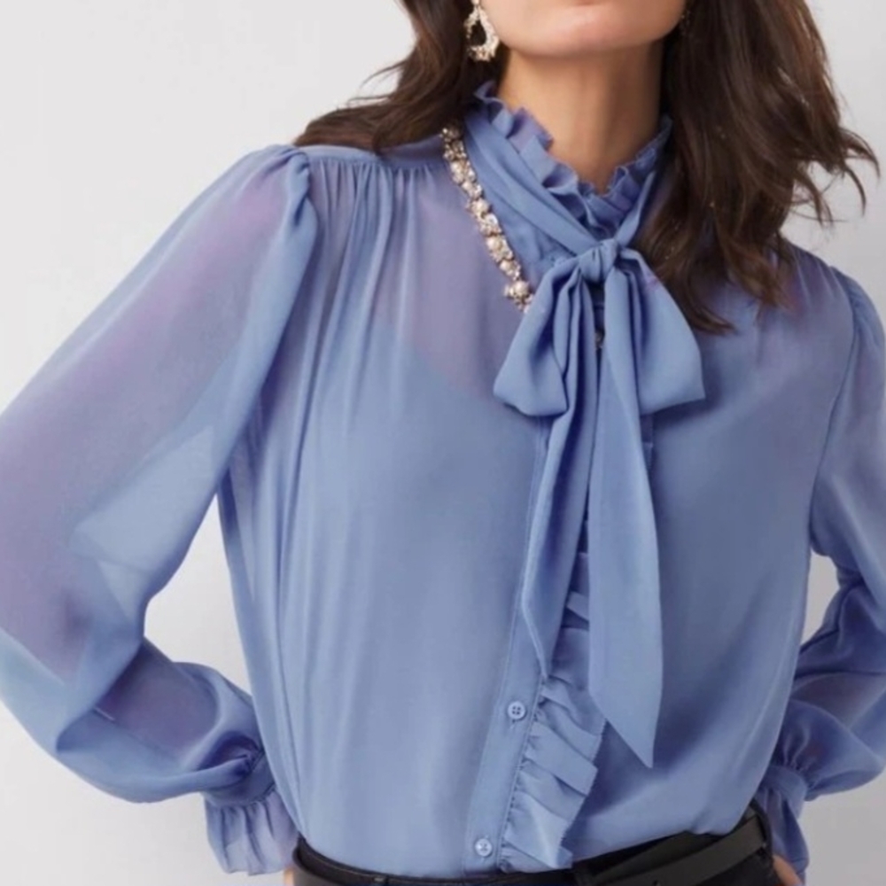 Blue Ruffled Tie Front Blouse